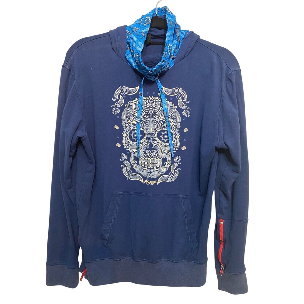 Iay Guey Navy Blue Paisley Sugar Skull Hoodie Bandana Gaiter Streetwear Men Sz M